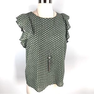 Ann Taylor Size XS Green White Flutter Sleeveless Blouse Top